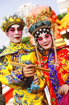 Two opera performers smiling, Hong Kong, China