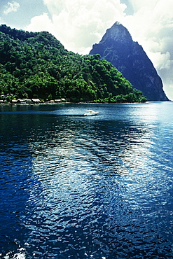 Low angle view of a volcanic mountain from the sea, St. Lucia