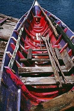 An old painted boat with an oar