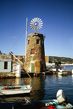 View of a windmill near a harbor, St. Croix, U.S. Virgin Islands