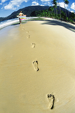 View of footprints on the sand, Maracas Beach, Trinidad, Caribbean