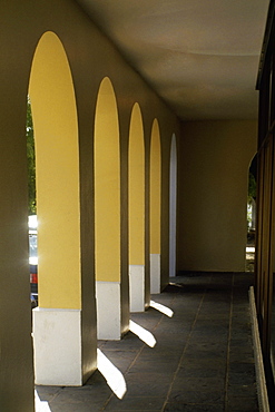 A balcony with arches illuminated by lights, San Juan, Puerto Rico