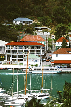 High angle view of several boats anchored at a harbor, Gustania