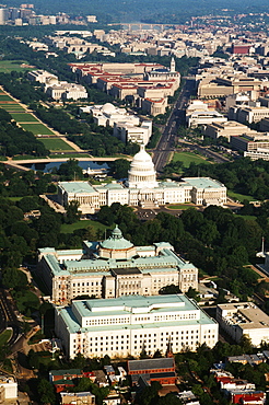 Aerial view of a government building, Capitol Building, Library of Congress, Washington DC, USA