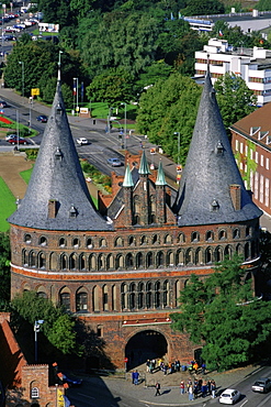 High angle view of a building, Holsten Gate, Lubeck, Schleswig-Holstein, Germany