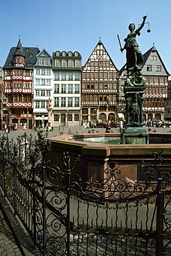 Fountain in front of buildings, Romerbeg Square, Frankfurt, Germany