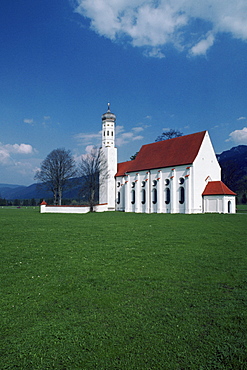 Field in front if a church, Bavaria Country Church, Saint Coleman's Church, Schwangau, Germany