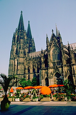 Sidewalk cafe in front of a cathedral, Cologne Cathedral, Cologne, Germany