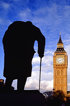 View of Churchill Statue and Big Ben in London, England