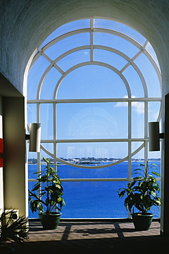 Seascape through a glass window, Castle harbor hotel, Bermuda