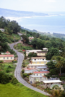 High angle view of a road amid the houses along the East Coast of Barbados, Caribbean