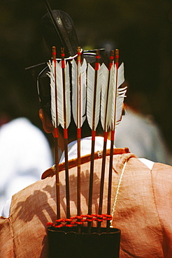 Rear view of a person carrying a quiver with arrows on his shoulders, Hollyhock Festival, Kyoto Prefecture, Japan