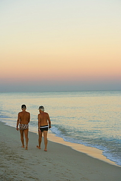 Rear view of two men walking on the beach