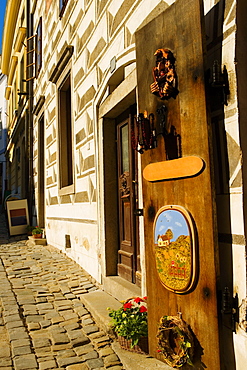 Wicker basket in front of a building, Czech Republic