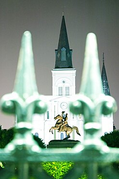 Statue in front of a cathedral, St. Louis Cathedral, Jackson Square, New Orleans, Louisiana, USA