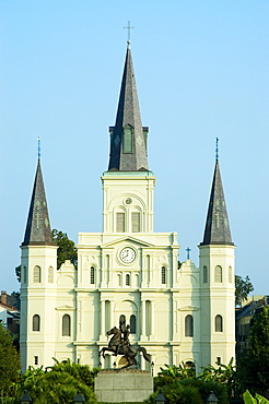 Statue in front of a cathedral, St. Louis Cathedral, Jackson Square, New Orleans, Louisiana, USA