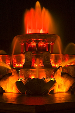 Close-up of a fountain lit up at night, Clarence Buckingham Fountain, Chicago, Illinois, USA