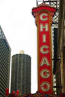 Low angle view of the sign board of a theater, Chicago, Illinois, USA