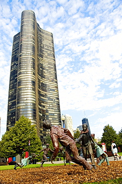 Sculptures in front of a tower, Lake Point Tower, Chicago, Illinois, USA