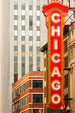 Low angle view of a theater sign, Chicago, Illinois, USA