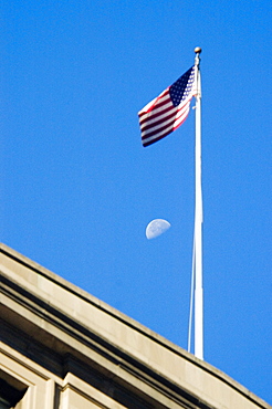 Low angle view of an American flag on a building, Boston, Massachusetts, USA