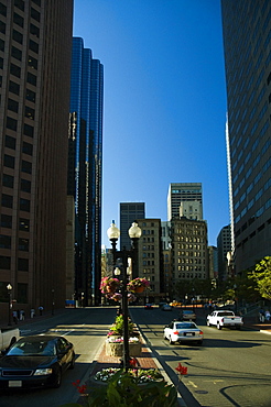 Skyscrapers on both sides of the road, Boston, Massachusetts, USA