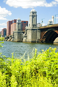 Low angle view of a tower near the riverbank, Boston, Massachusetts, USA
