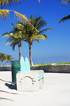 Garbage bin near a bench, Miami, Florida, USA