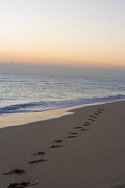 High angle view of footprints on the beach, Miami, Florida, USA