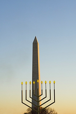 Menorah in front of a tower, Washington Monument, Washington DC, USA