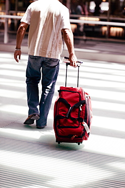 Rear view of a man walking and pulling luggage, Madrid, Spain