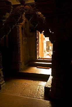 Interiors of a temple seen from a window, Jain Temple, Jaisalmer, Rajasthan, India