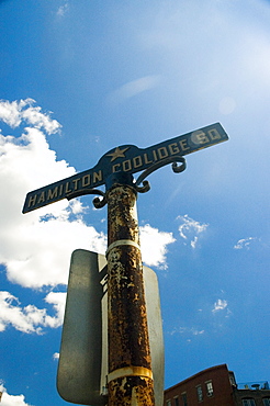 Low angle view of a street name sign, Boston, Massachusetts, USA