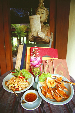 Close-up of food served on plates