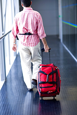 Rear view of a man walking and carrying a bag, Madrid, Spain