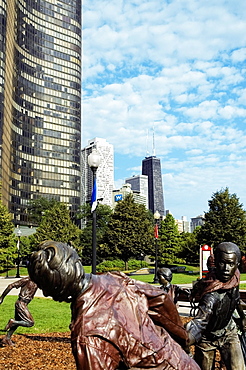 Close-up of sculptures in a park, Gateway Park, Chicago, Illinois, USA