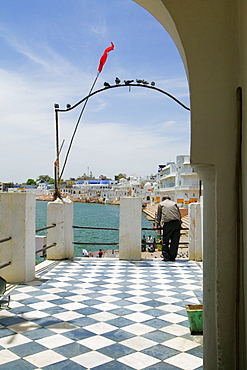 Rear view of a man standing at the Pushkar Holy Lake, Pushkar, Rajasthan, India