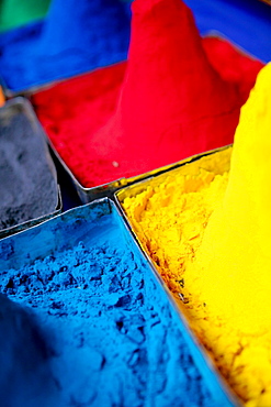 Close-up of mounds of colored powder used for Hindu rituals, Pushkar, Rajasthan, India