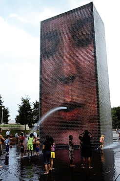 High angle view of a group of people in water, Crown Fountain, Millennium Park, Chicago, Illinois, USA