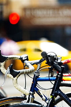 Close-up of bicycles on a bike rack