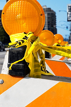 Close-up of street barricade lights