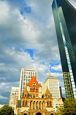 Low angle view of buildings in a city, Trinity Church, John Hancock Tower, Boston, Massachusetts, USA