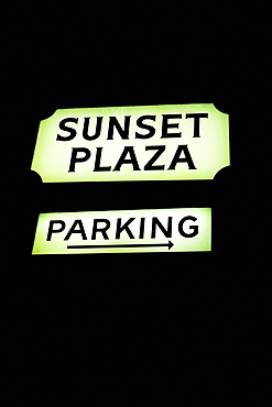 Low angle view of a Sunset Plaza parking sign, Los Angeles, California, USA