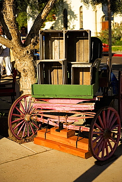 Rear view of an old cart with wooden boxes, San Diego, California, USA