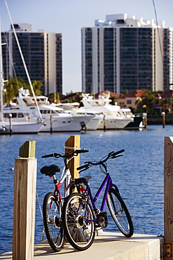 Bicycles parked on a dock