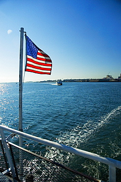 American Flag fixed with the railing, Boston, Massachusetts, USA