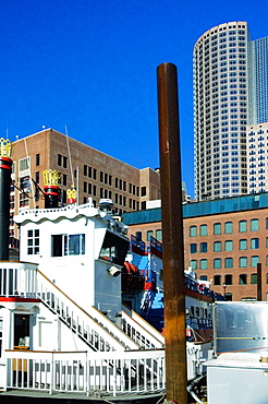 Boat in front of skyscrapers, Boston, Massachusetts, USA