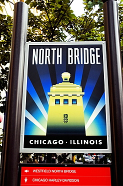 Low angle view of a sign board, North Bridge, Chicago, Illinois, USA