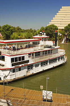 High angle view of a paddle steamer in a river