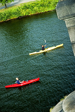 High angle view of two people kayaking in a river, Boston, Massachusetts, USA